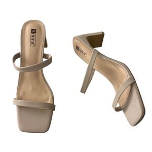 NEW Nude Square Open Toe‎ Stiletto Heels Mules Slip On Sandals Size 9